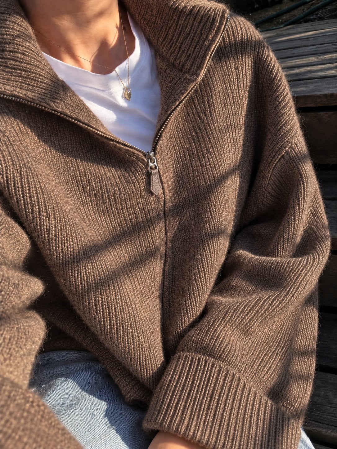 Diffusion by Kate Cardigan Romy Pure Wool Zip Cardigan in Coffee Melange