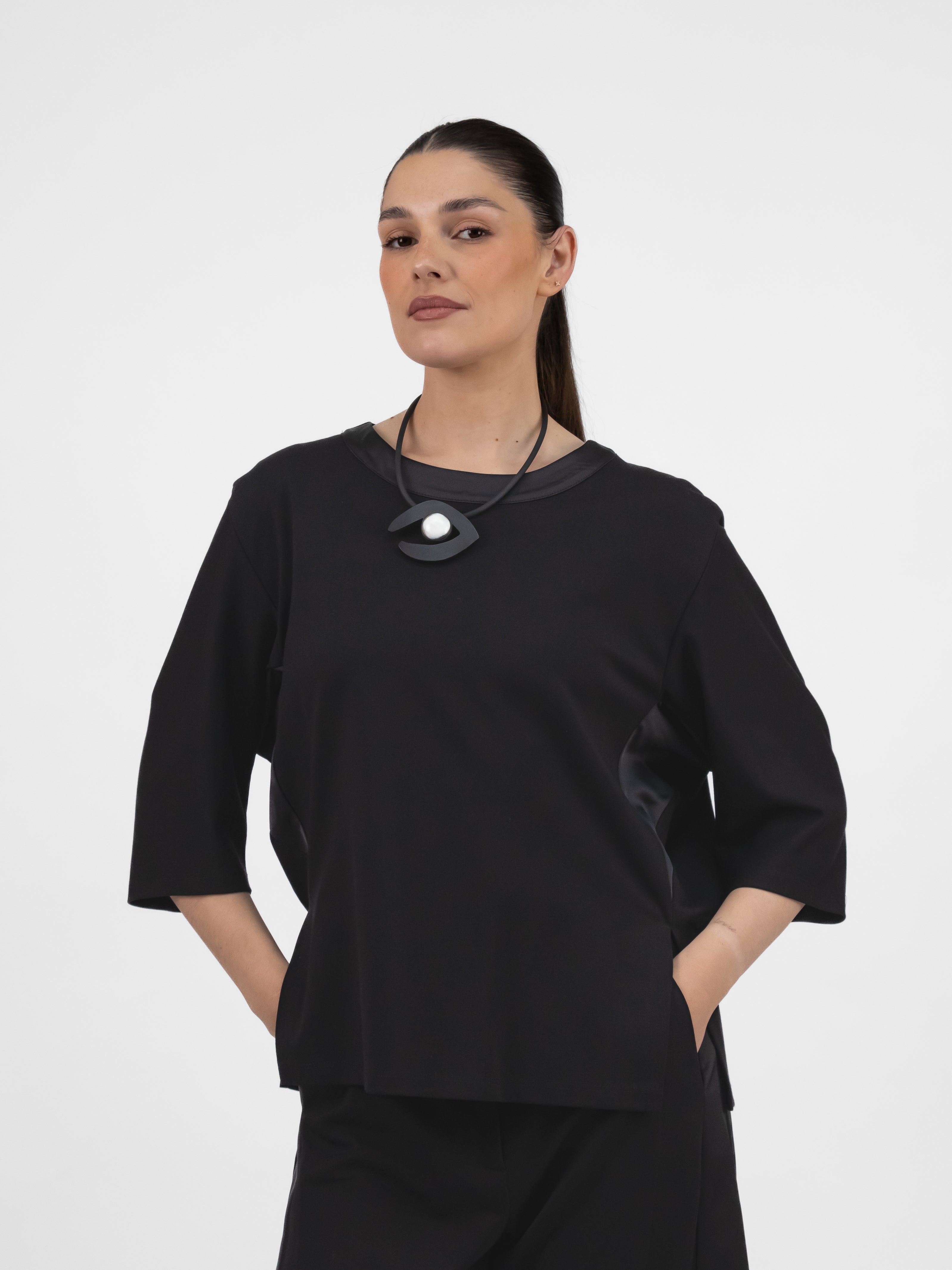 Italian Collection Sweatshirt Tunic Top – Black with Satin Side & Trim