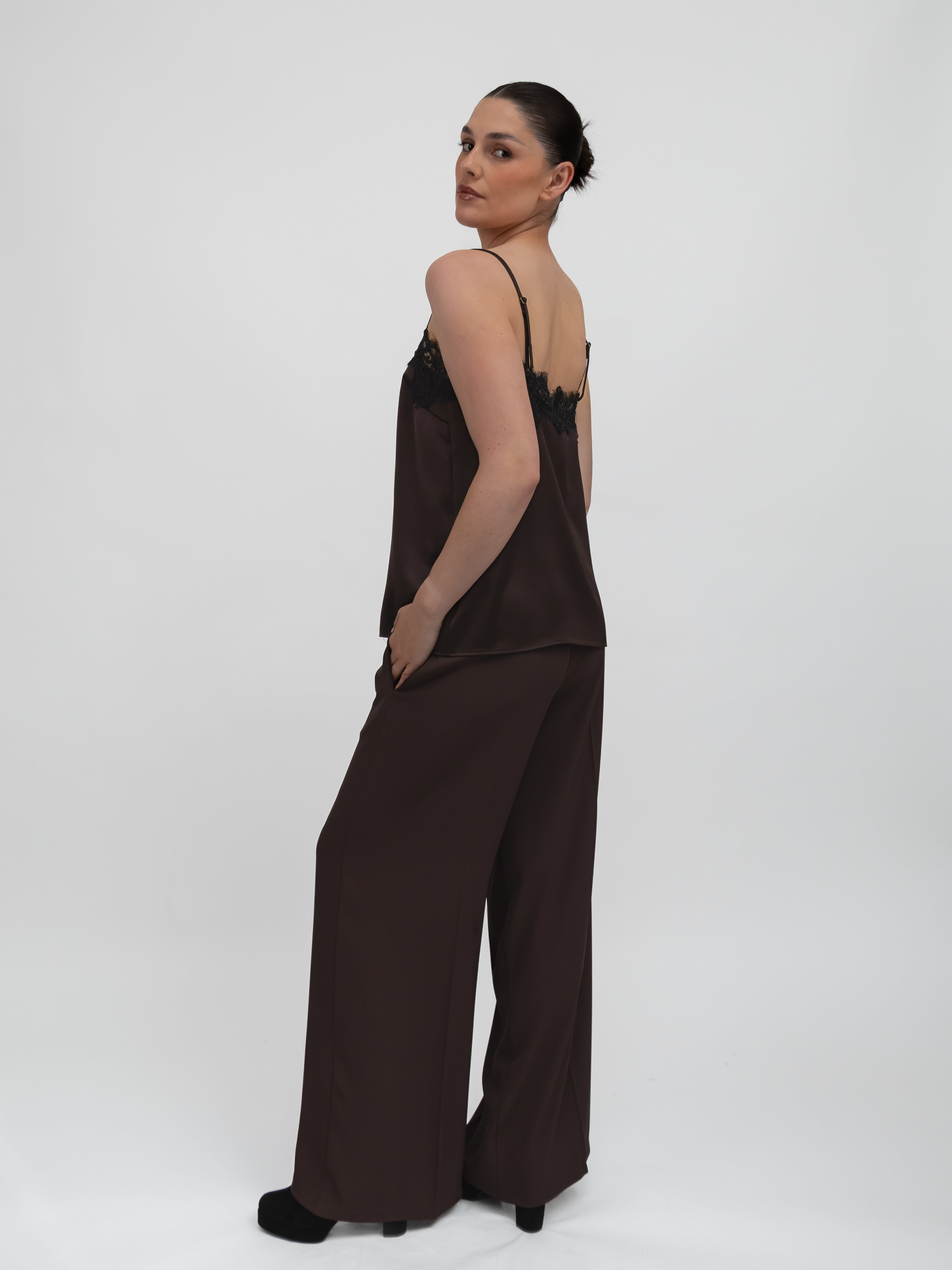 Italian Collection Top Lace Trim Camisole Top in Chocolate Brown