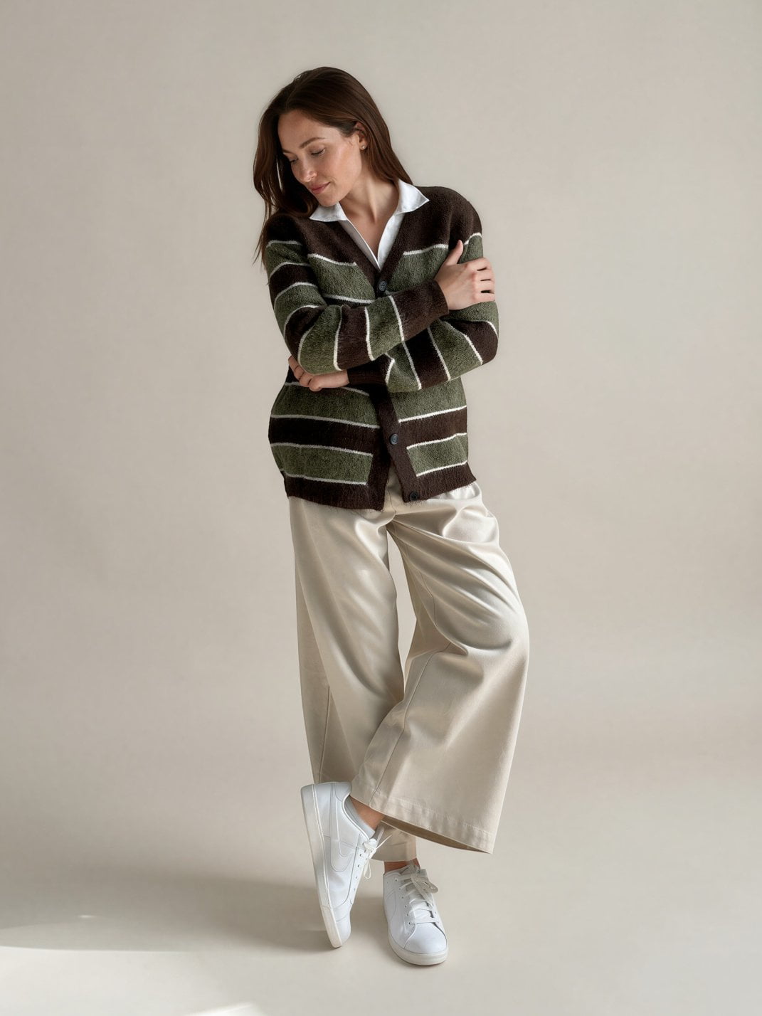 Diffusion by Kate Cardigan One Size Freya Striped Cardigan in Coffee & Olive