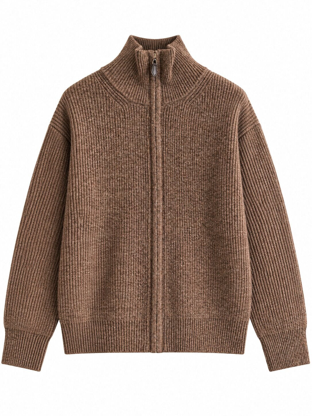 Diffusion by Kate Cardigan Pure Wool Zip Funnel Neck Cardigan in Coffee Melange