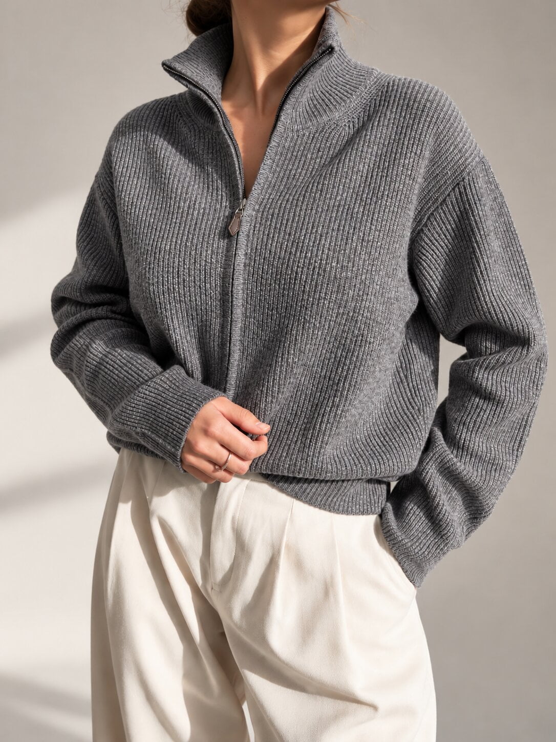 Diffusion by Kate Cardigan Romy Pure Wool Zip Cardigan in Carbon Grey