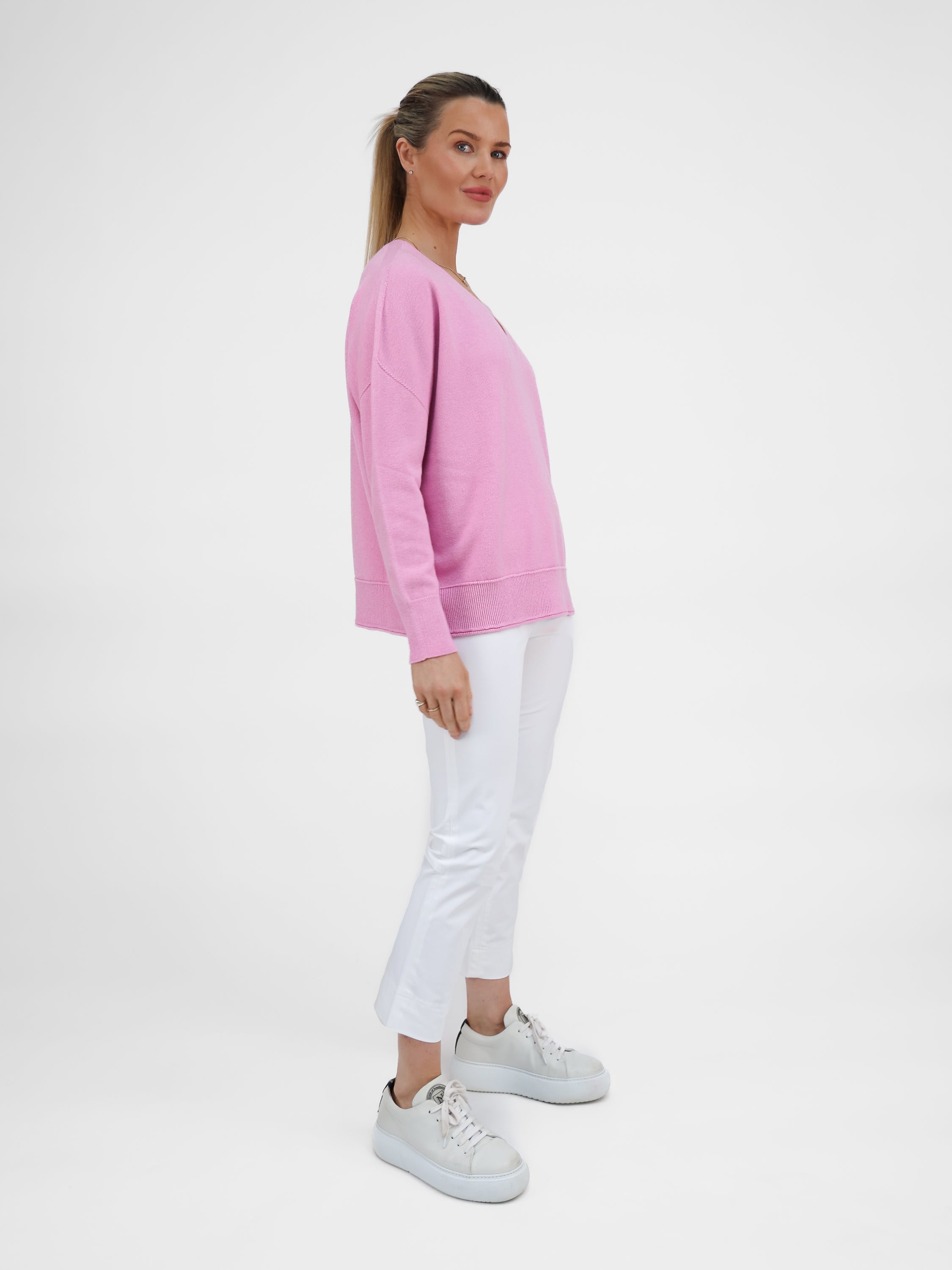 Diffusion by Kate Sweater One Size Sienna V-Neck Sweater In Peony Pink