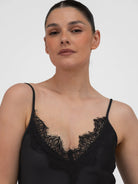 Italian Collection Dress Long Dress with Straps and Lace V-Neckline in Black