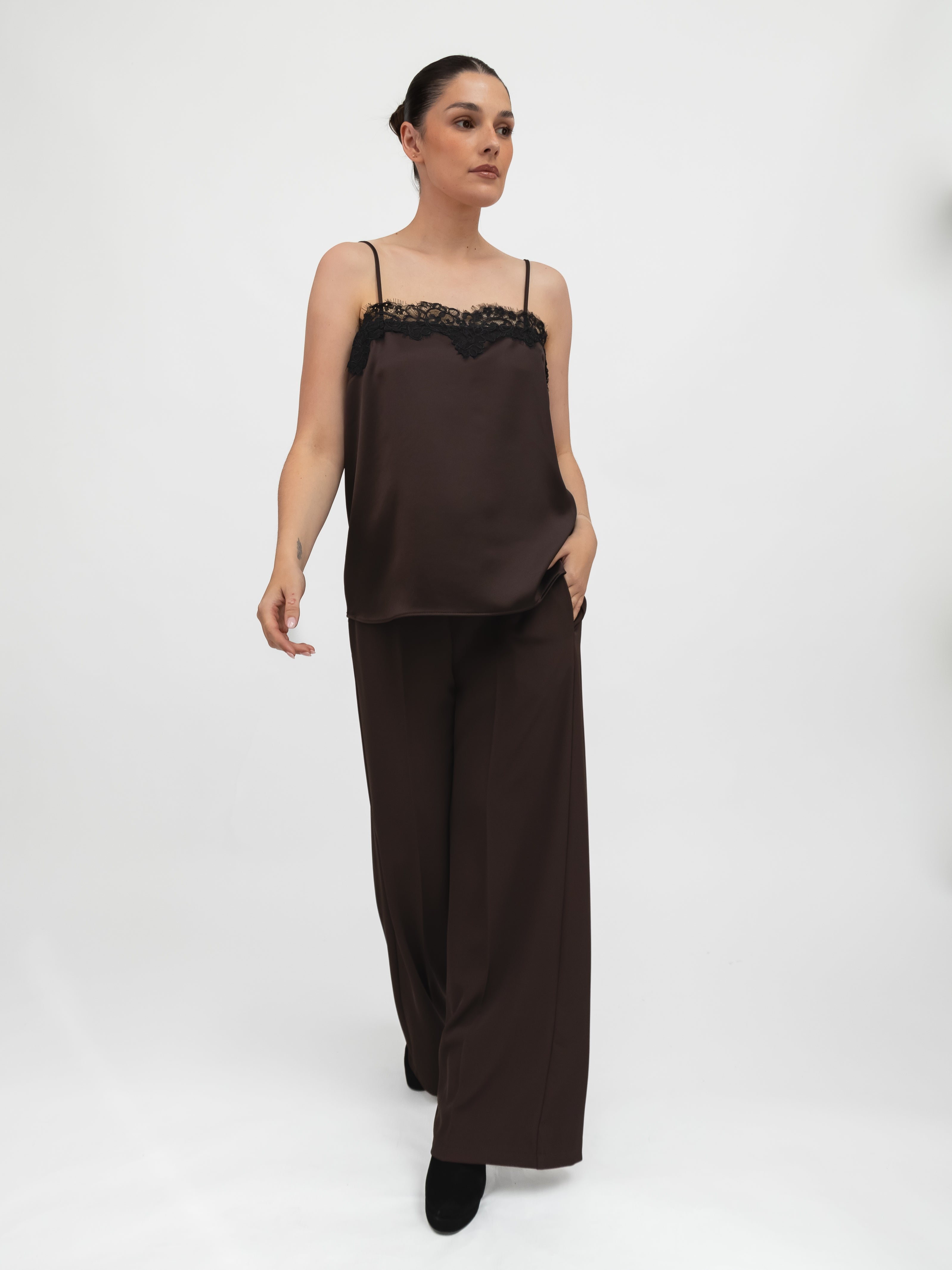 Italian Collection Top Lace Trim Camisole Top in Chocolate Brown