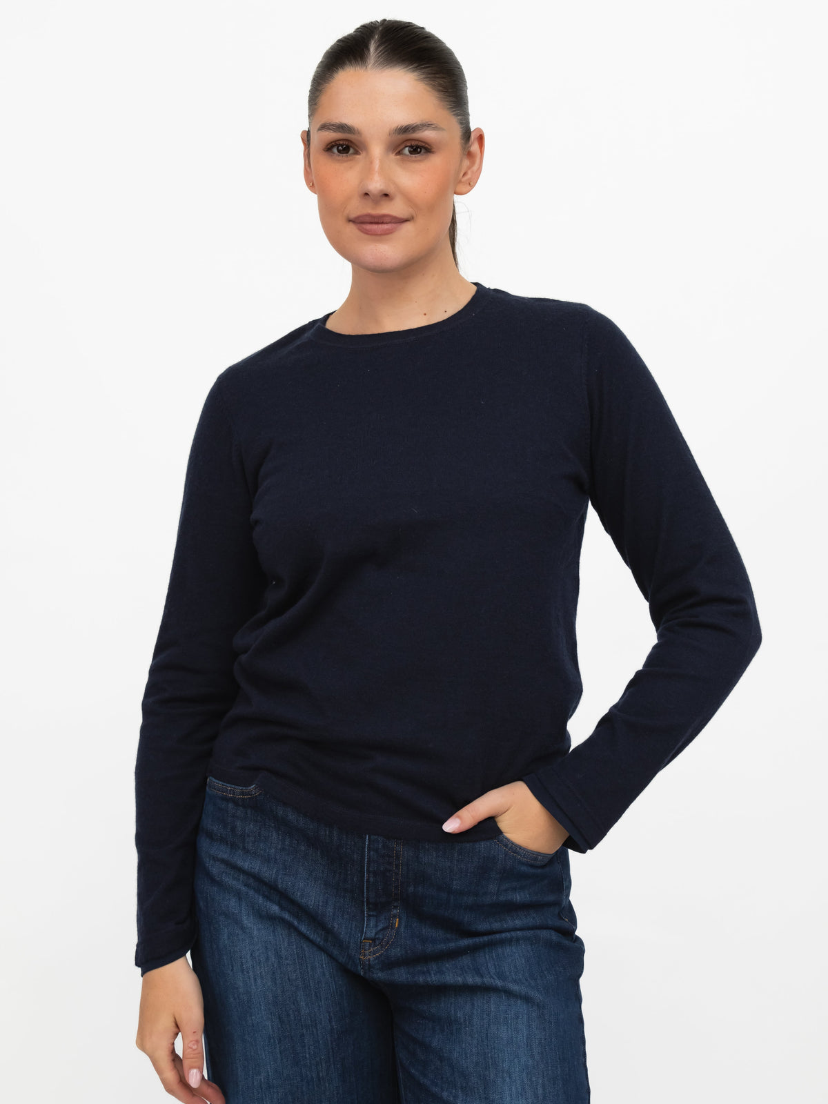 Majestic Filatures T-Shirt Round Neck Long Sleeve Double Layered Tee in Navy