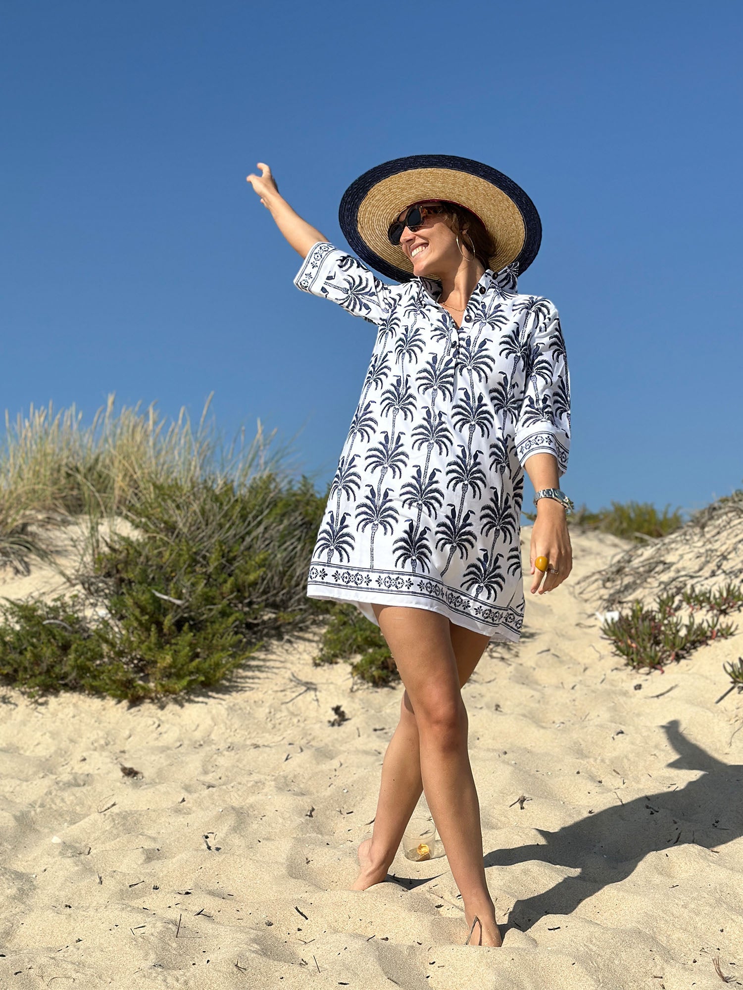 Vilagallo Dress White Toucan & Palm Tree Dress